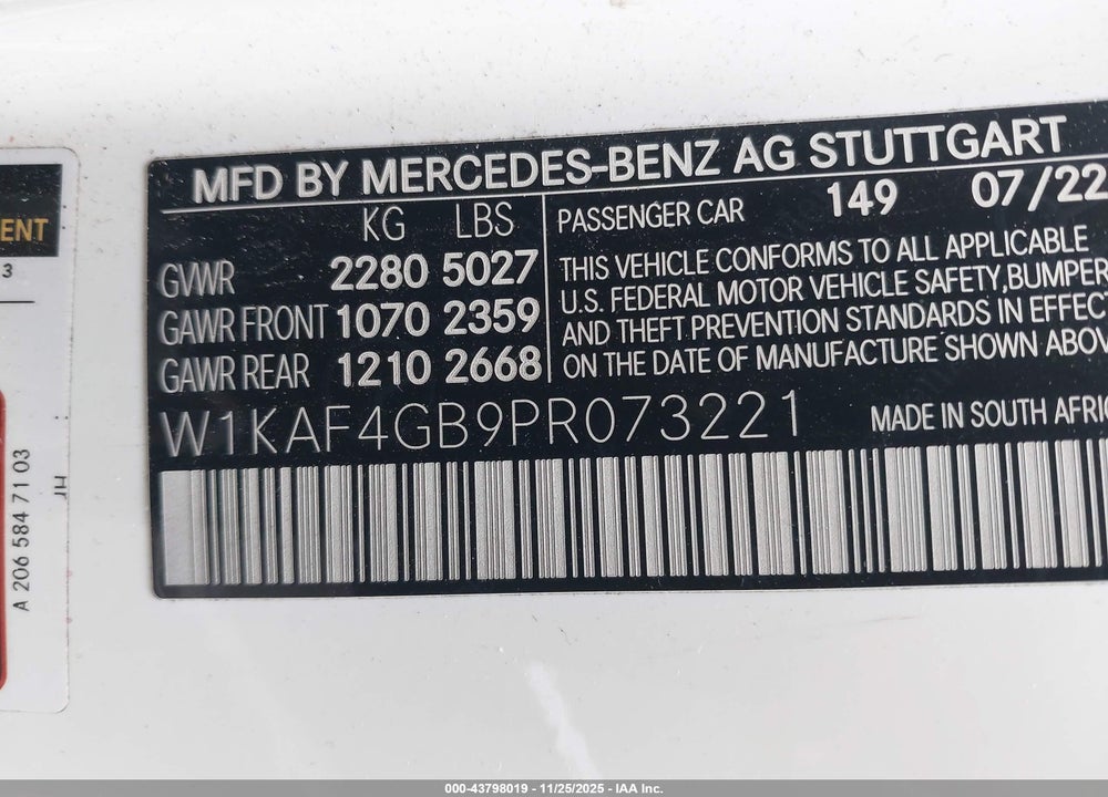 2023 MERCEDES-BENZ C 300 SEDAN VIN: W1KAF4GB9PR073221