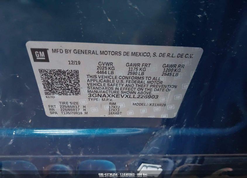 2020 CHEVROLET EQUINOX FWD LT 1.5L TURBO VIN: 3GNAXKEVXLL226903