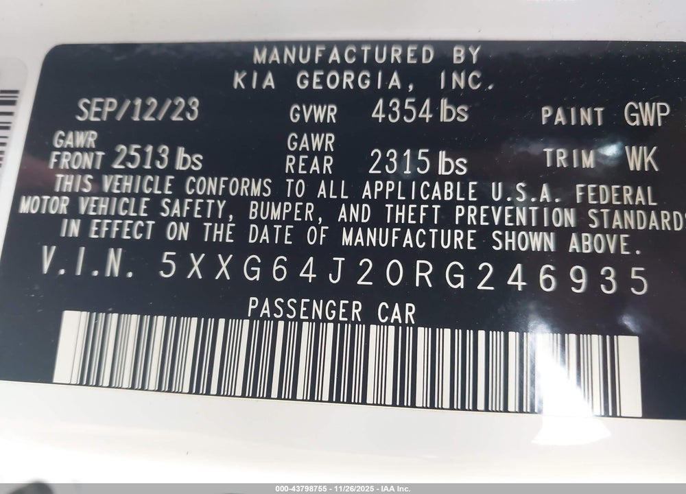 2024 KIA K5 GT-LINE VIN: 5XXG64J20RG246935