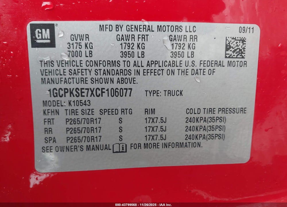 2012 CHEVROLET SILVERADO 1500 LT VIN: 1GCPKSE7XCF106077