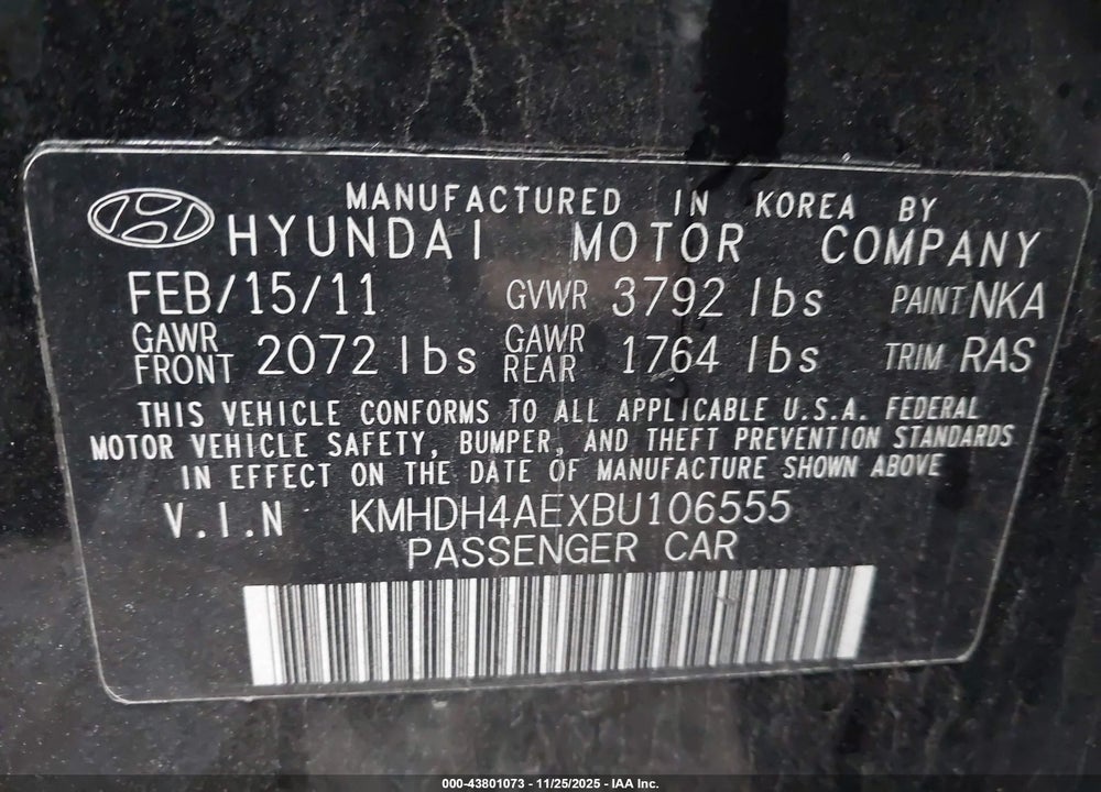 2011 HYUNDAI ELANTRA GLS (ULSAN PLANT) VIN: KMHDH4AEXBU106555