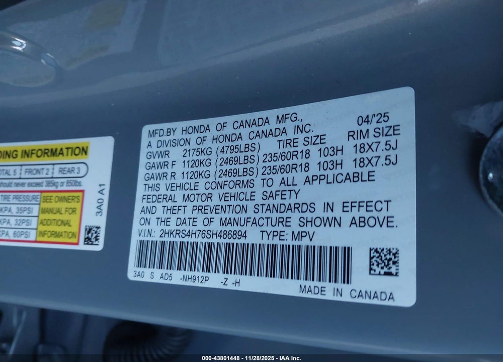 2025 HONDA CR-V EX-L AWD VIN: 2HKRS4H76SH486894