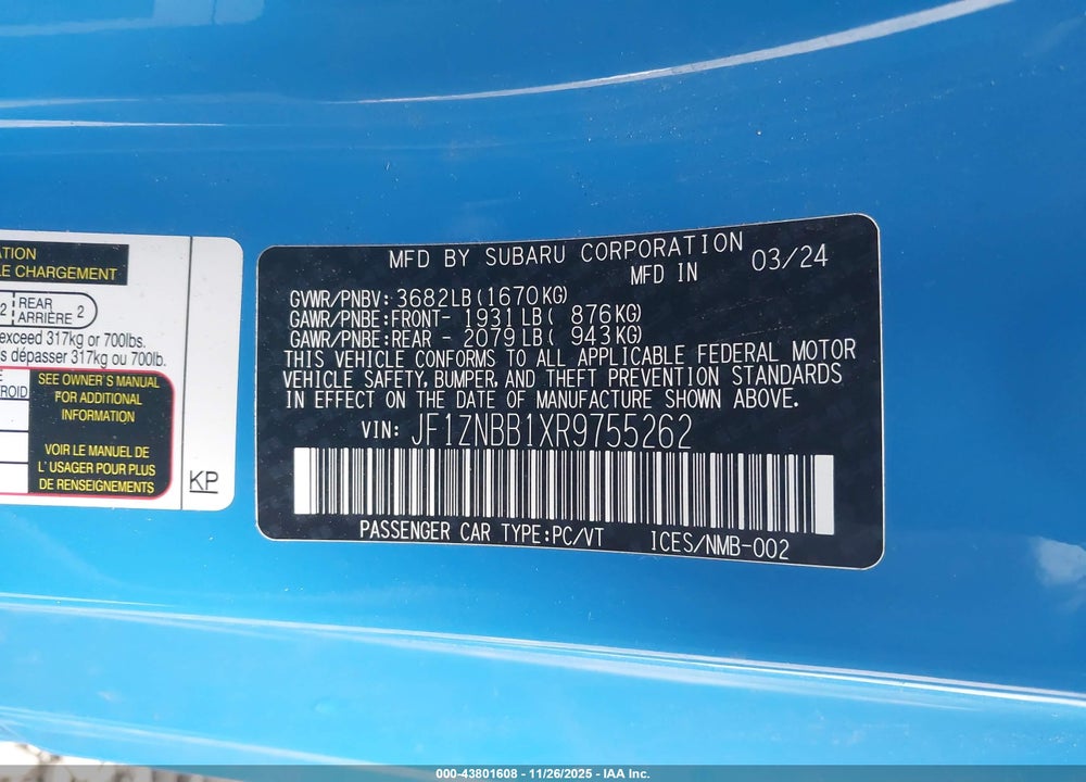 2024 TOYOTA GR86 VIN: JF1ZNBB1XR9755262