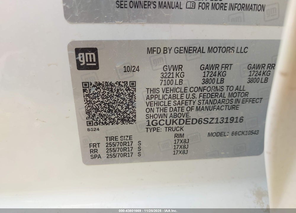 2025 CHEVROLET SILVERADO 1500 VIN: 1GCUKDED6SZ131916