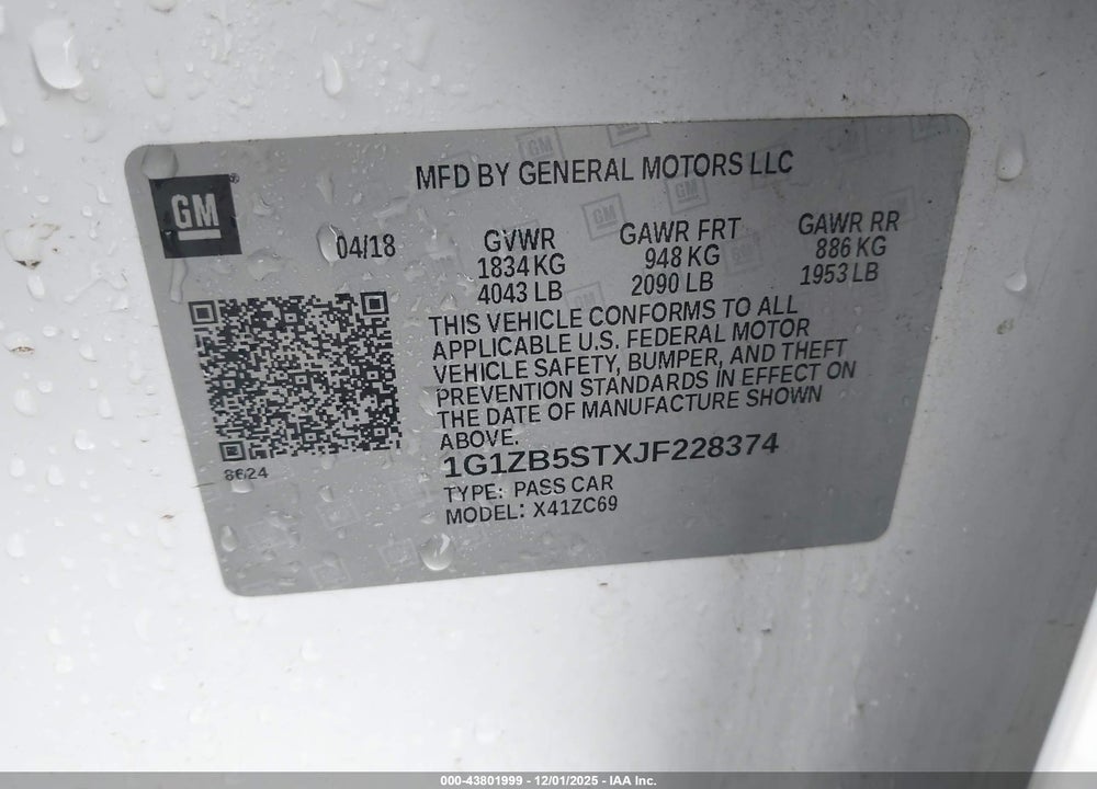 2018 CHEVROLET MALIBU 1LS VIN: 1G1ZB5STXJF228374
