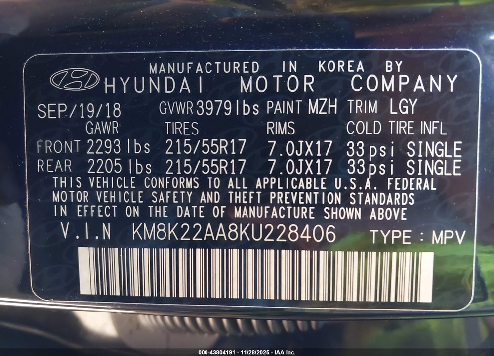 2019 HYUNDAI KONA SEL VIN: KM8K22AA8KU228406