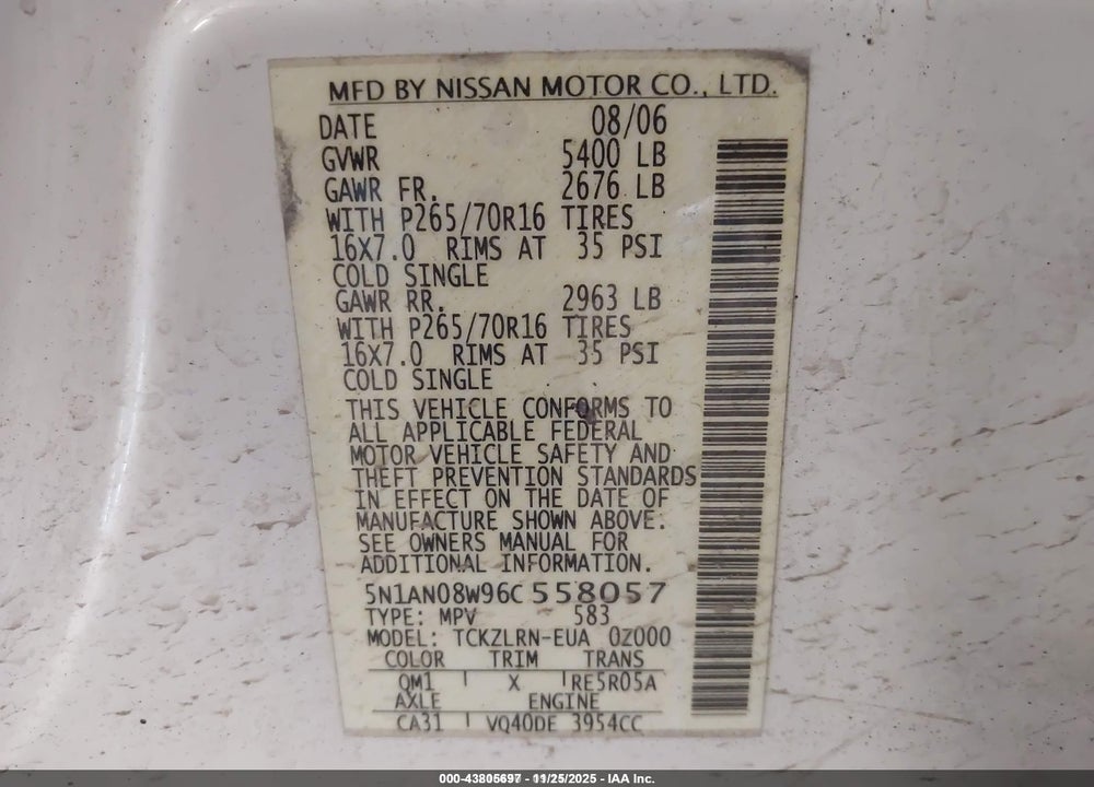 2006 NISSAN XTERRA S VIN: 5N1AN08W96C558057