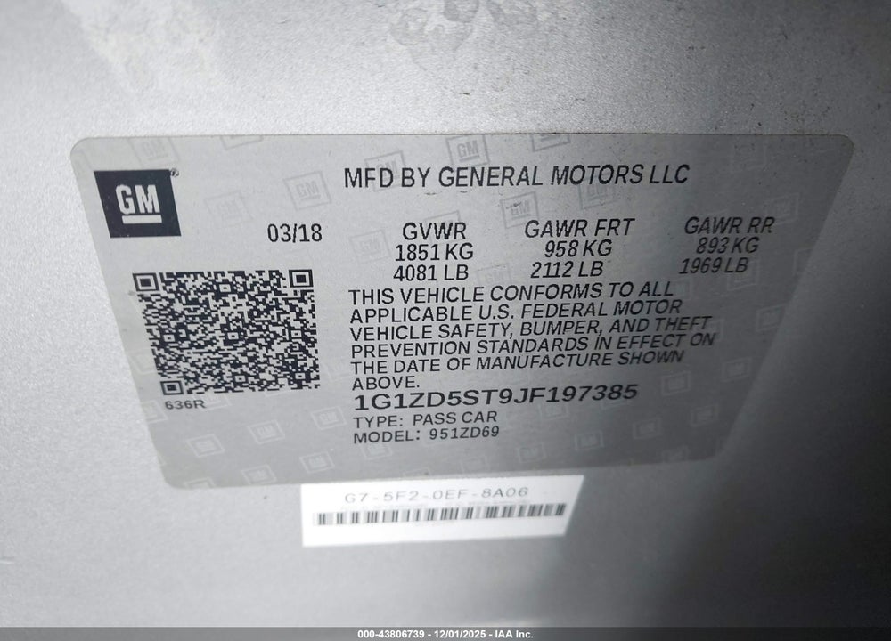 2018 CHEVROLET MALIBU LT VIN: 1G1ZD5ST9JF197385