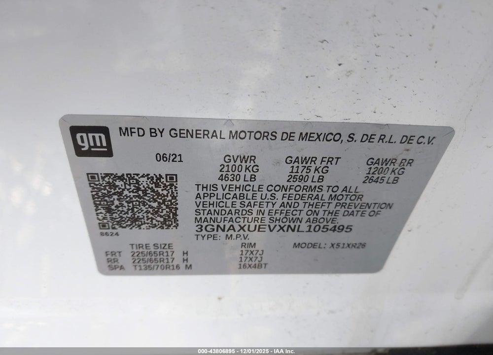 2022 CHEVROLET EQUINOX AWD LT VIN: 3GNAXUEVXNL105495