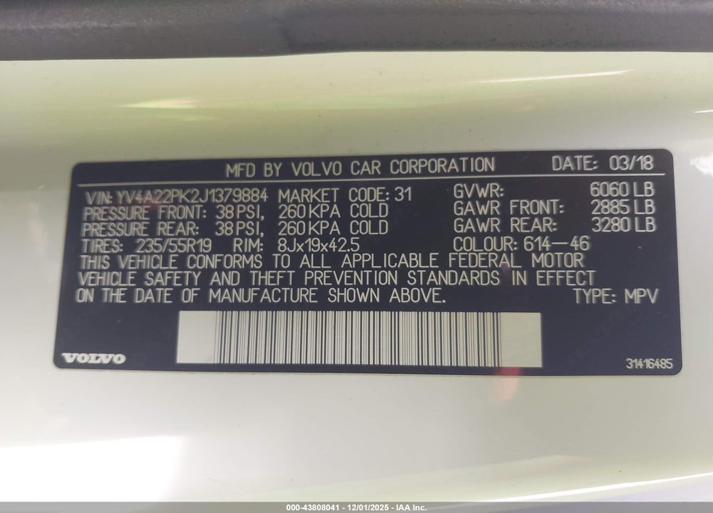 2018 VOLVO XC90 T6 MOMENTUM VIN: YV4A22PK2J1379884