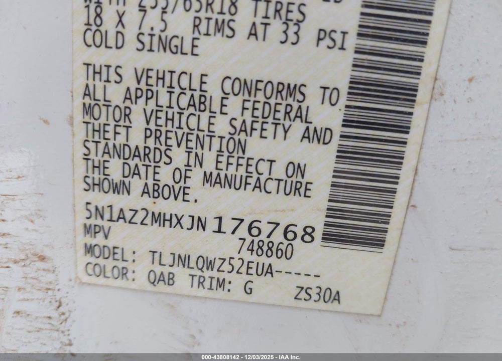 2018 NISSAN MURANO SV VIN: 5N1AZ2MHXJN176768