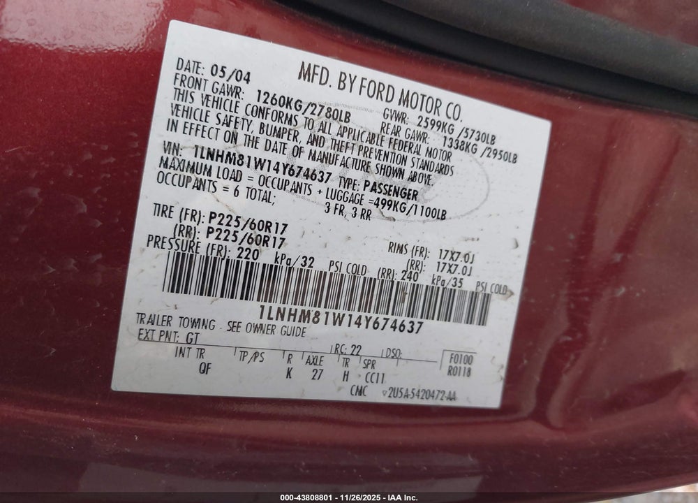 2004 LINCOLN TOWN CAR SIGNATURE VIN: 1LNHM81W14Y674637