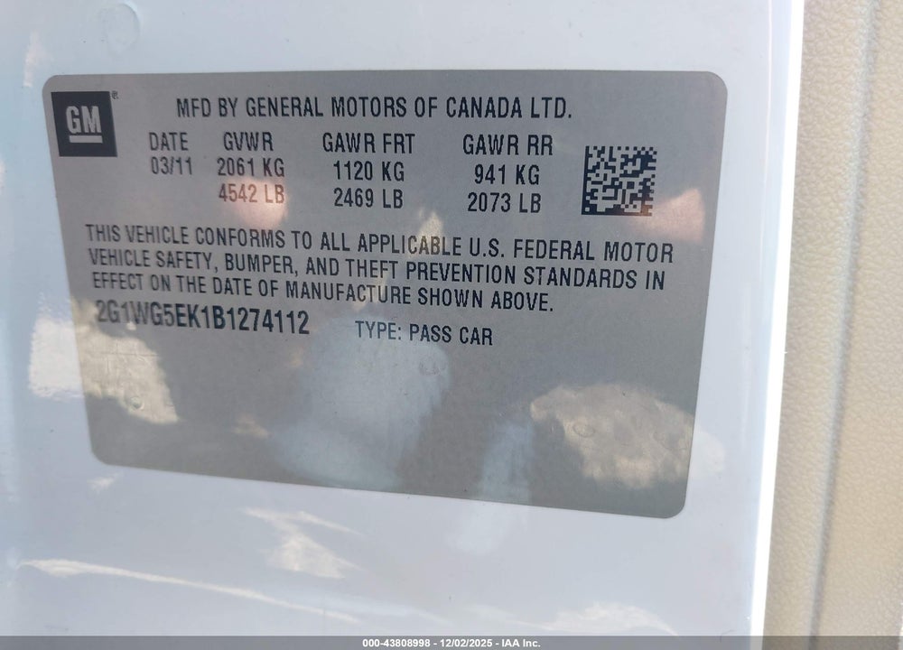 2011 CHEVROLET IMPALA LT VIN: 2G1WG5EK1B1274112