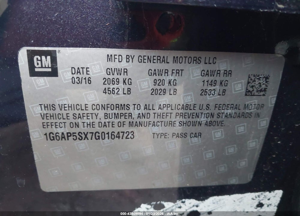 2016 CADILLAC CTS STANDARD VIN: 1G6AP5SX7G0164723