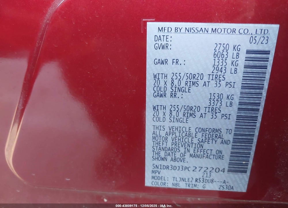 2023 NISSAN PATHFINDER PLATINUM 4WD VIN: 5N1DR3DJ3PC272204