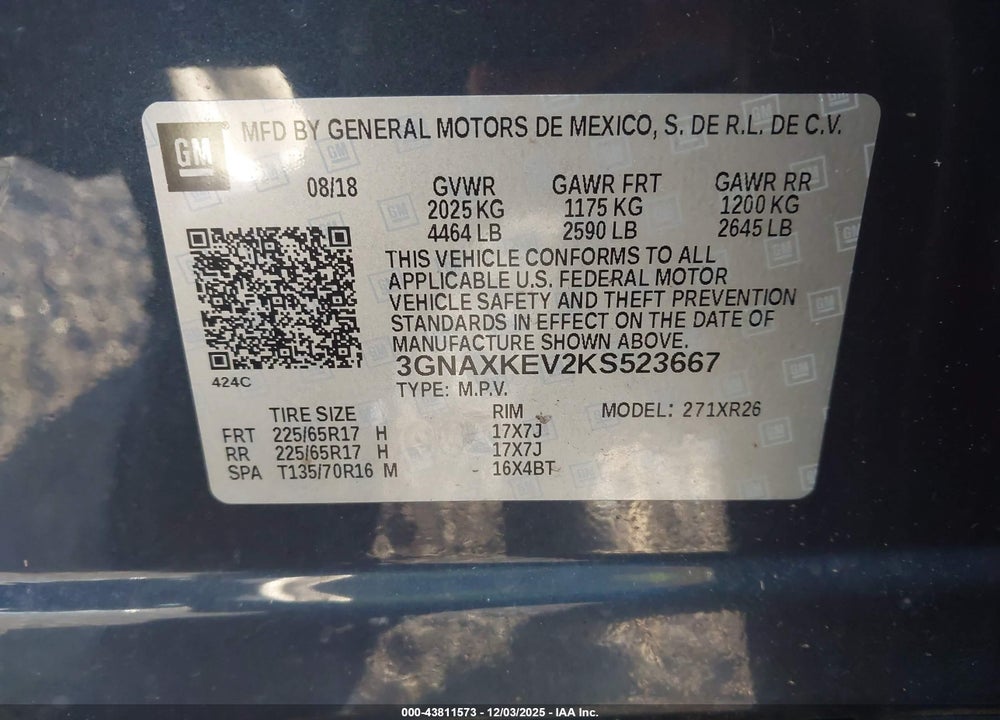 2019 CHEVROLET EQUINOX LT VIN: 3GNAXKEV2KS523667