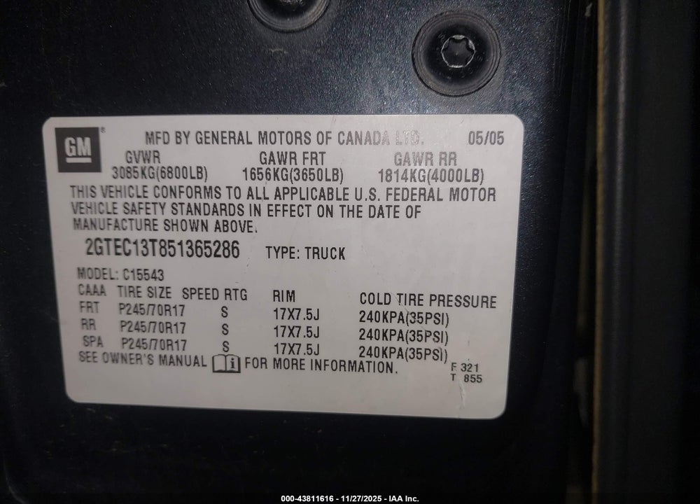 2005 GMC SIERRA 1500 SLE VIN: 2GTEC13T851365286