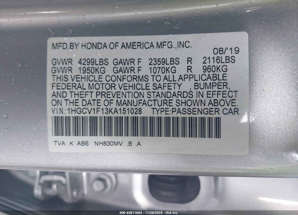 2019 HONDA ACCORD LX VIN: 1HGCV1F13KA151028