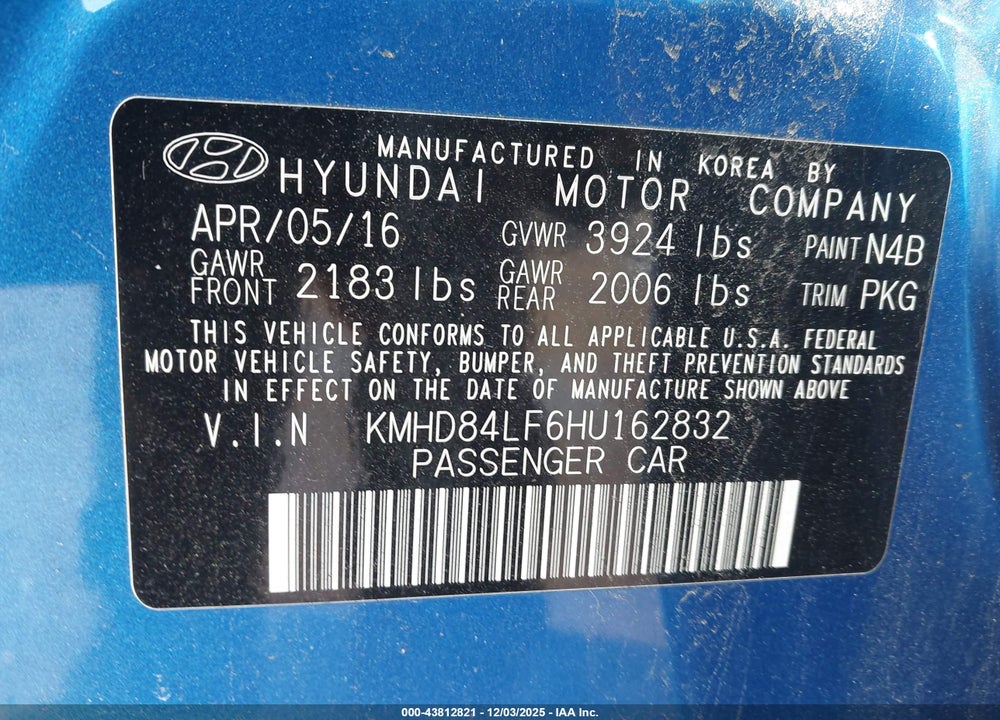 2017 HYUNDAI ELANTRA LIMITED VIN: KMHD84LF6HU162832