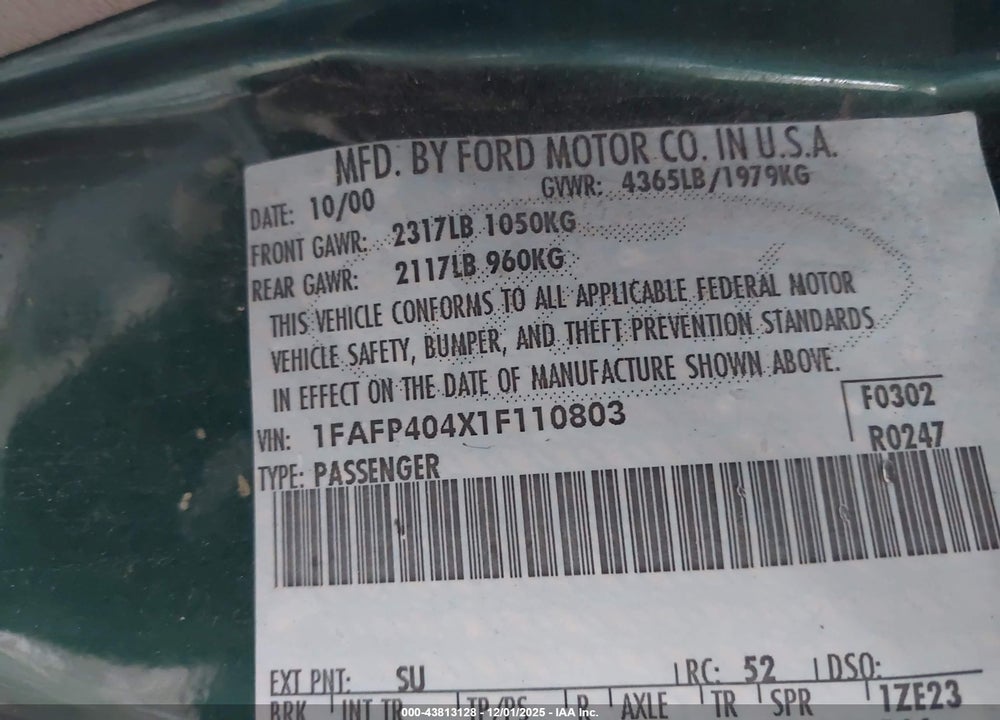 2001 FORD MUSTANG VIN: 1FAFP404X1F110803