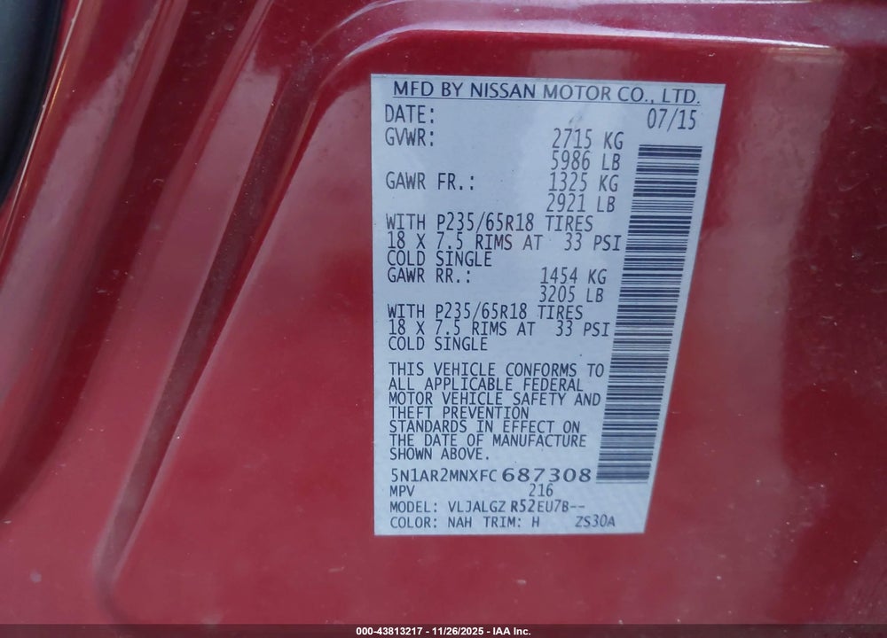 2015 NISSAN PATHFINDER SL VIN: 5N1AR2MNXFC687308