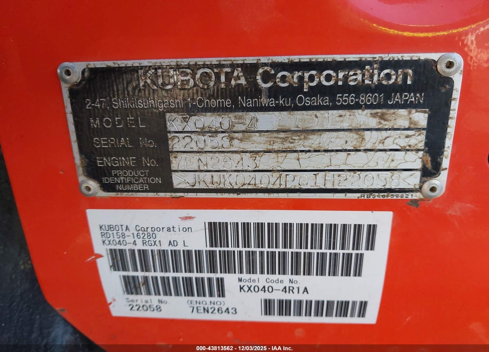 2015 KUBOTA KX040 VIN: JKUK0404P01H22058