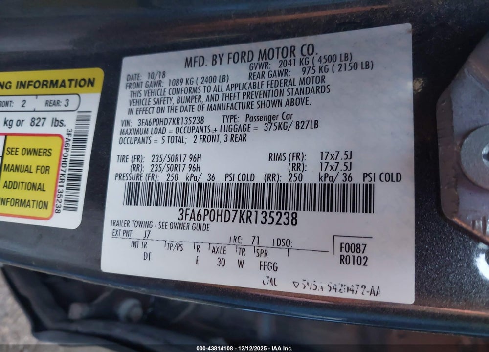 2019 FORD FUSION SE VIN: 3FA6P0HD7KR135238