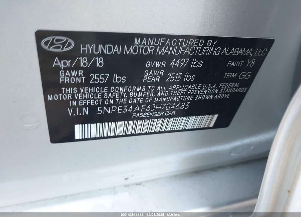 2018 HYUNDAI SONATA LIMITED VIN: 5NPE34AF6JH704683