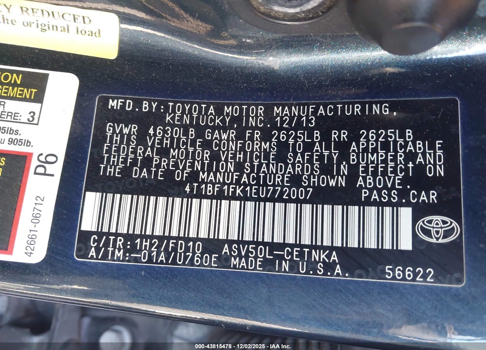 2014 TOYOTA CAMRY LE VIN: 4T1BF1FK1EU772007