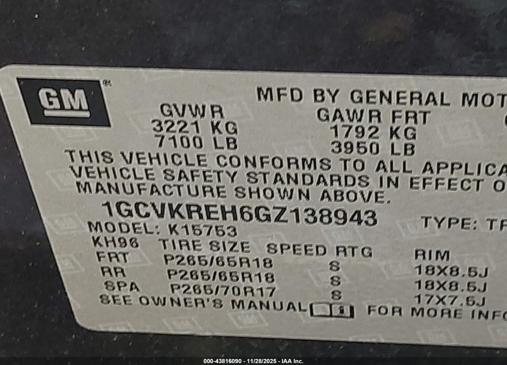 2016 CHEVROLET SILVERADO 1500 2LT VIN: 1GCVKREH6GZ138943