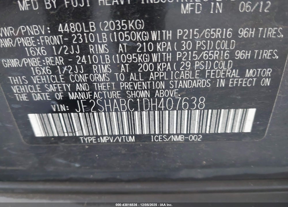 2013 SUBARU FORESTER 2.5X VIN: JF2SHABC1DH407638