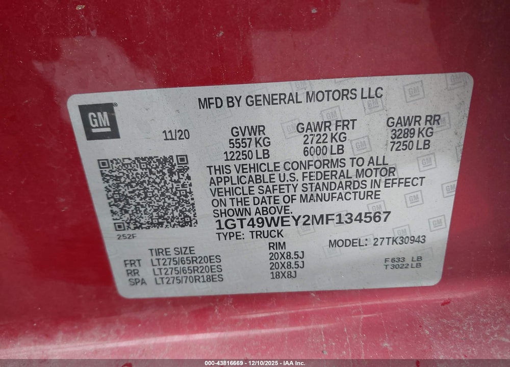 2021 GMC SIERRA 3500HD 4WD  LONG BED DENALI VIN: 1GT49WEY2MF134567