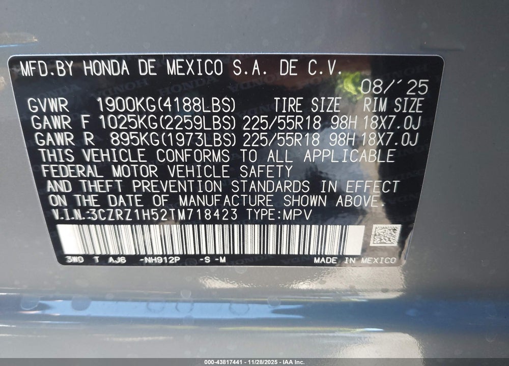 2026 HONDA HR-V 2WD SPORT VIN: 3CZRZ1H52TM718423