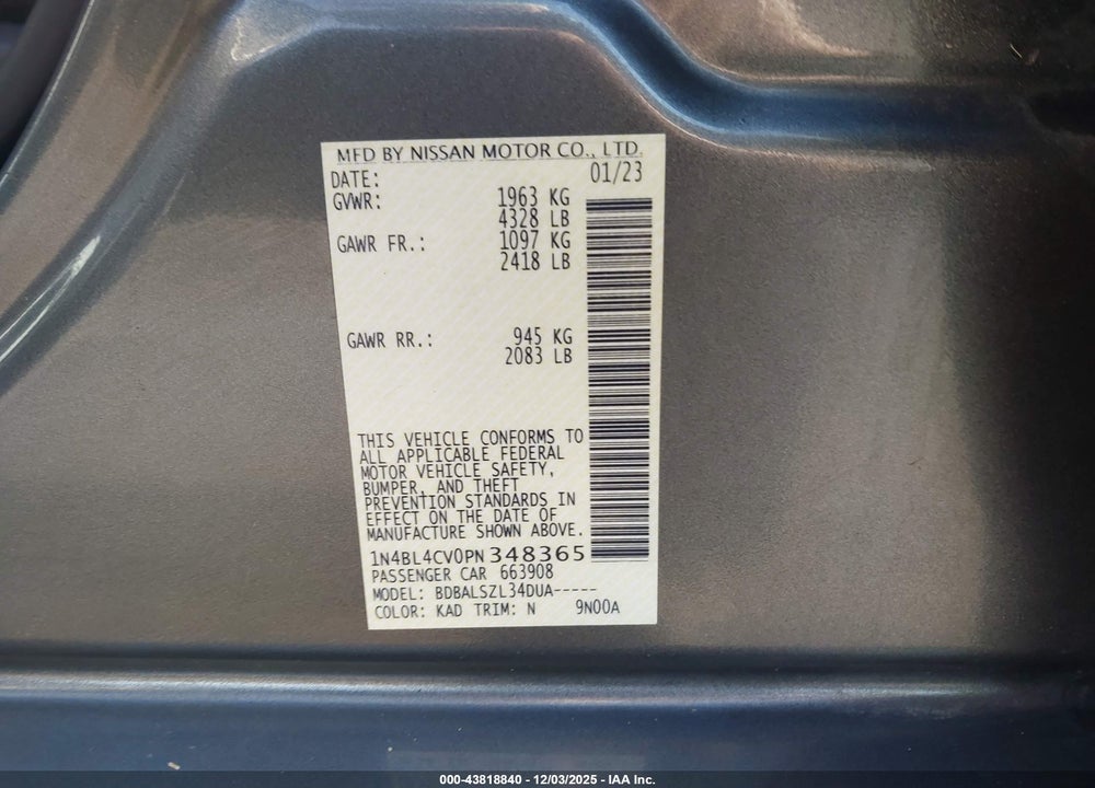 2023 NISSAN ALTIMA SR FWD VIN: 1N4BL4CV0PN348365