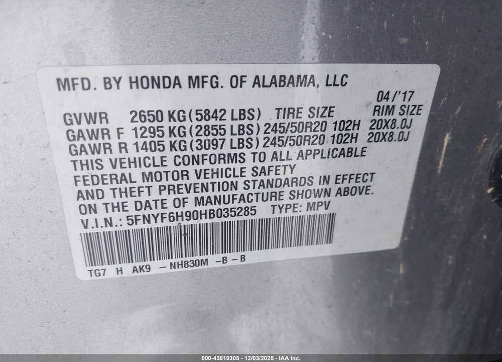 2017 HONDA PILOT TOURING VIN: 5FNYF6H90HB035285