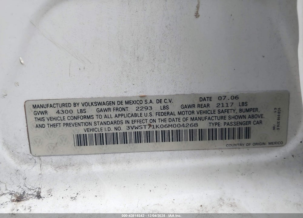 2006 VOLKSWAGEN JETTA TDI VIN: 3VWST71K06M004268