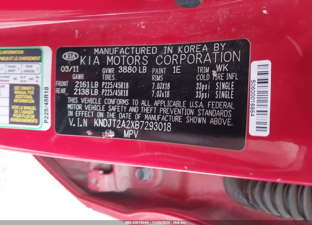2011 KIA SOUL + VIN: KNDJT2A2XB7293018