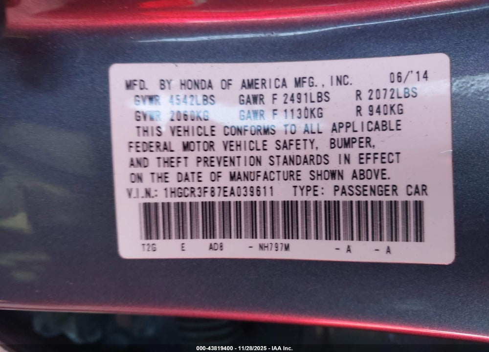 2014 HONDA ACCORD EX-L V-6 VIN: 1HGCR3F87EA039611