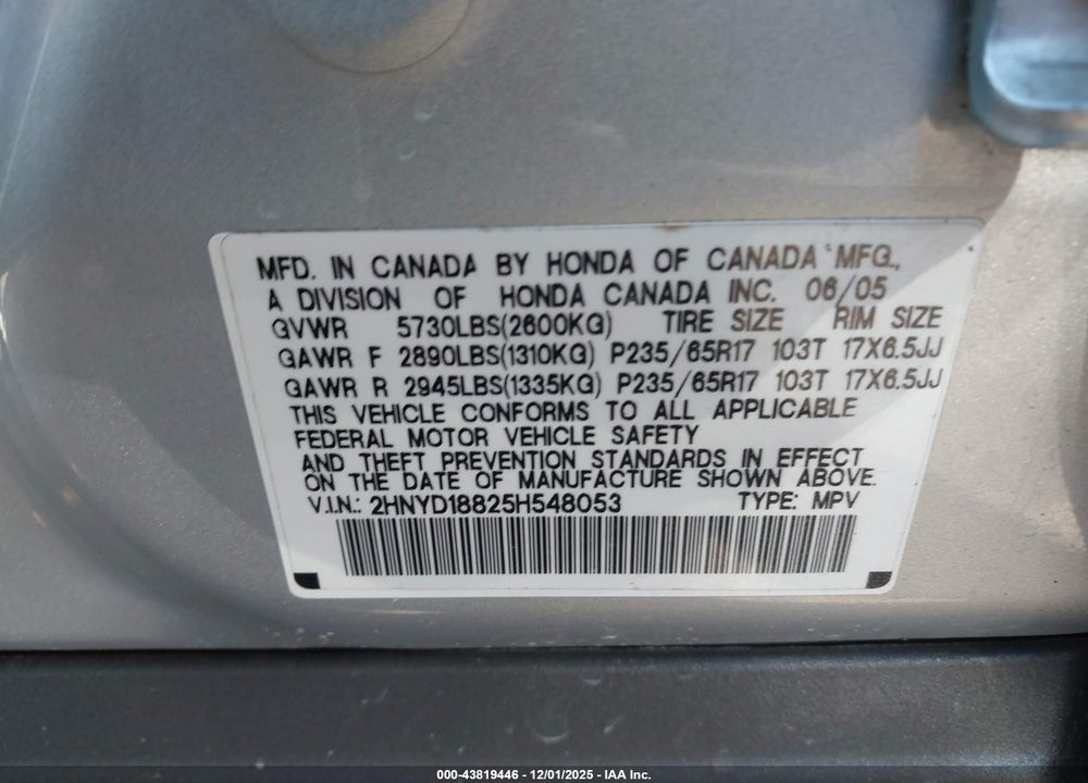 2005 ACURA MDX VIN: 2HNYD18825H548053