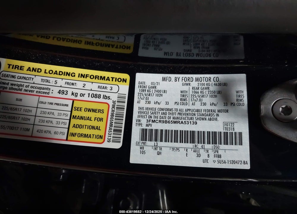 2021 FORD BRONCO SPORT BIG BEND VIN: 3FMCR9B65MRA53139