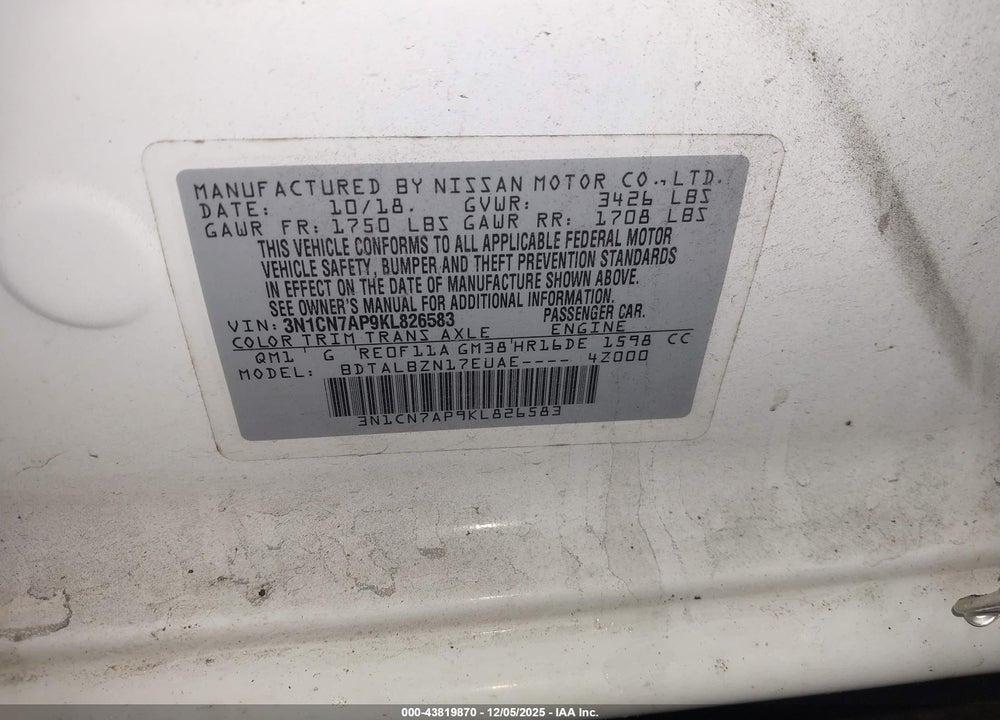 2019 NISSAN VERSA 1.6 SV VIN: 3N1CN7AP9KL826583