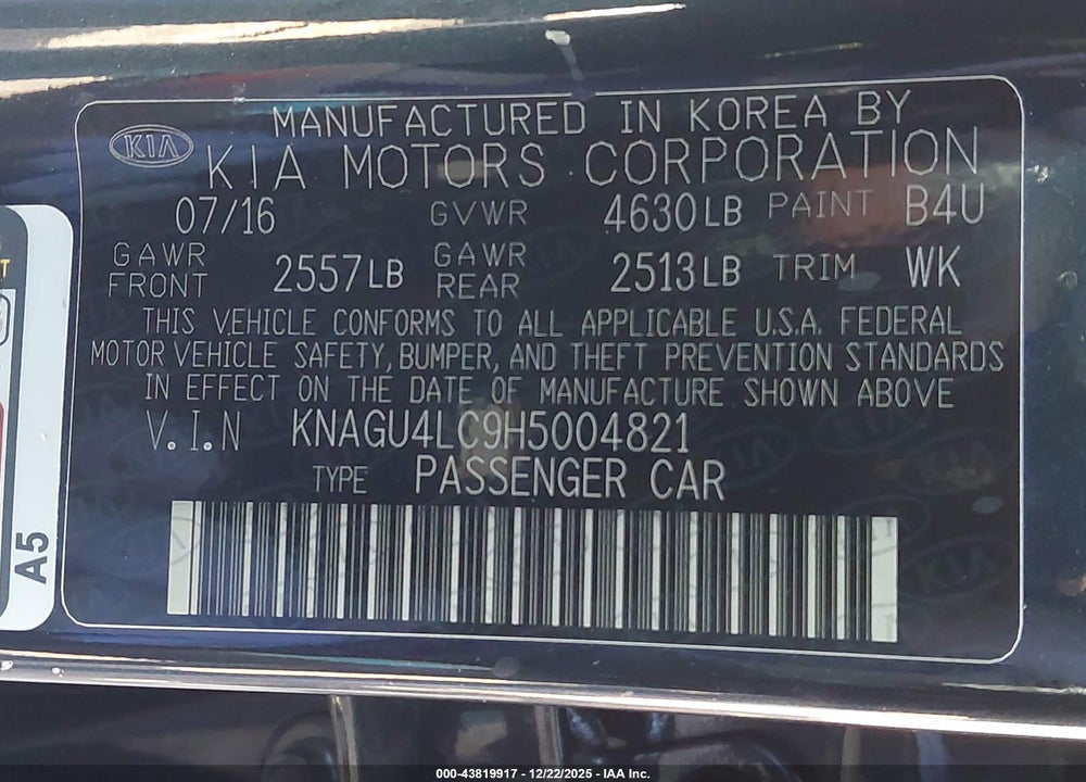 2017 KIA OPTIMA HYBRID EX VIN: KNAGU4LC9H5004821