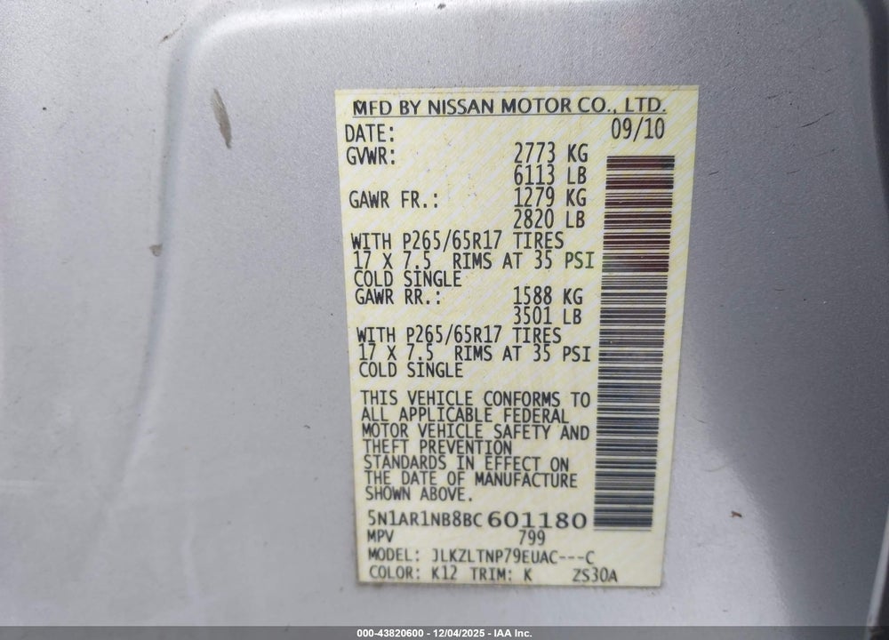 2011 NISSAN PATHFINDER SV VIN: 5N1AR1NB8BC601180