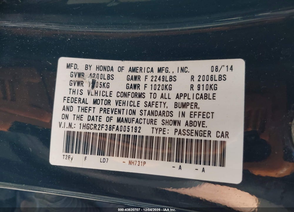 2015 HONDA ACCORD LX VIN: 1HGCR2F38FA005192