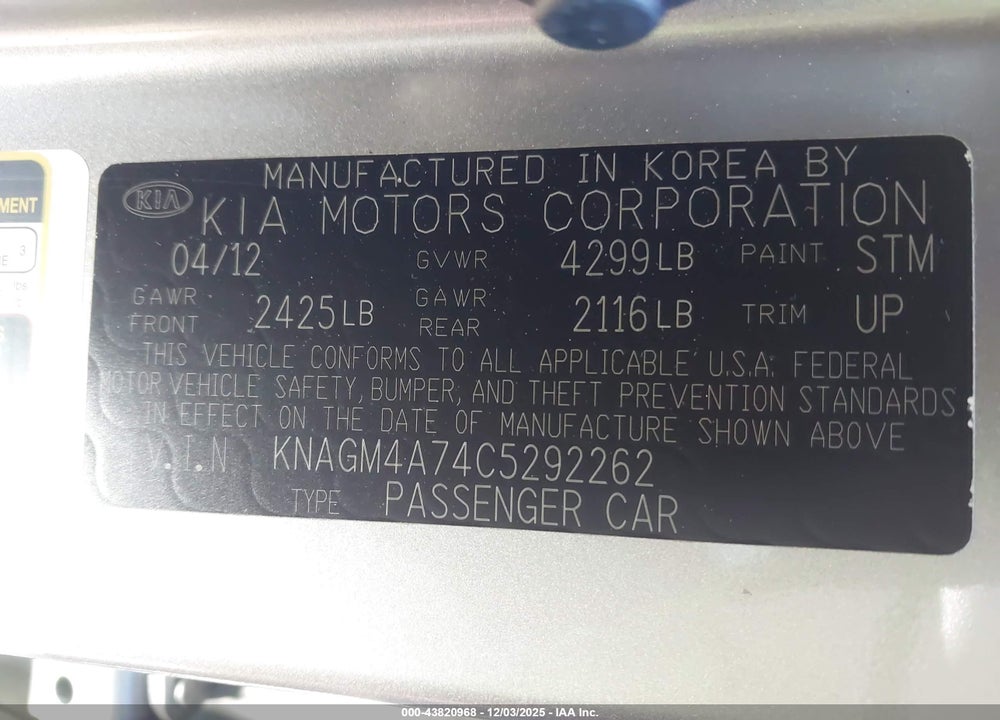2012 KIA OPTIMA LX VIN: KNAGM4A74C5292262