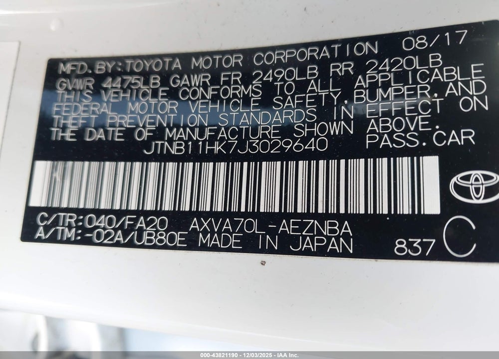 2018 TOYOTA CAMRY LE VIN: JTNB11HK7J3029640