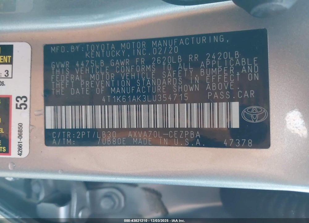 2020 TOYOTA CAMRY XSE VIN: 4T1K61AK3LU354715