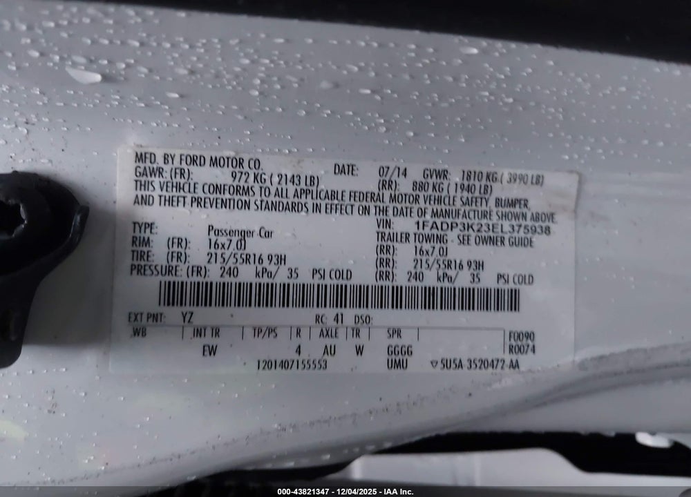 2014 FORD FOCUS SE VIN: 1FADP3K23EL375938