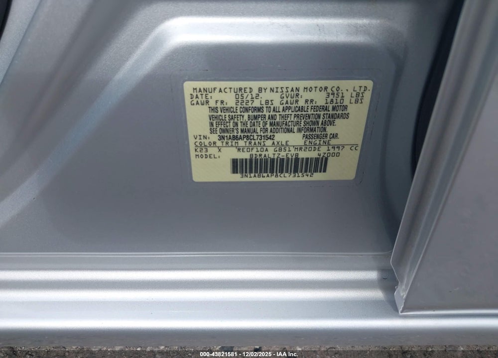 2012 NISSAN SENTRA 2.0 S VIN: 3N1AB6AP8CL731542