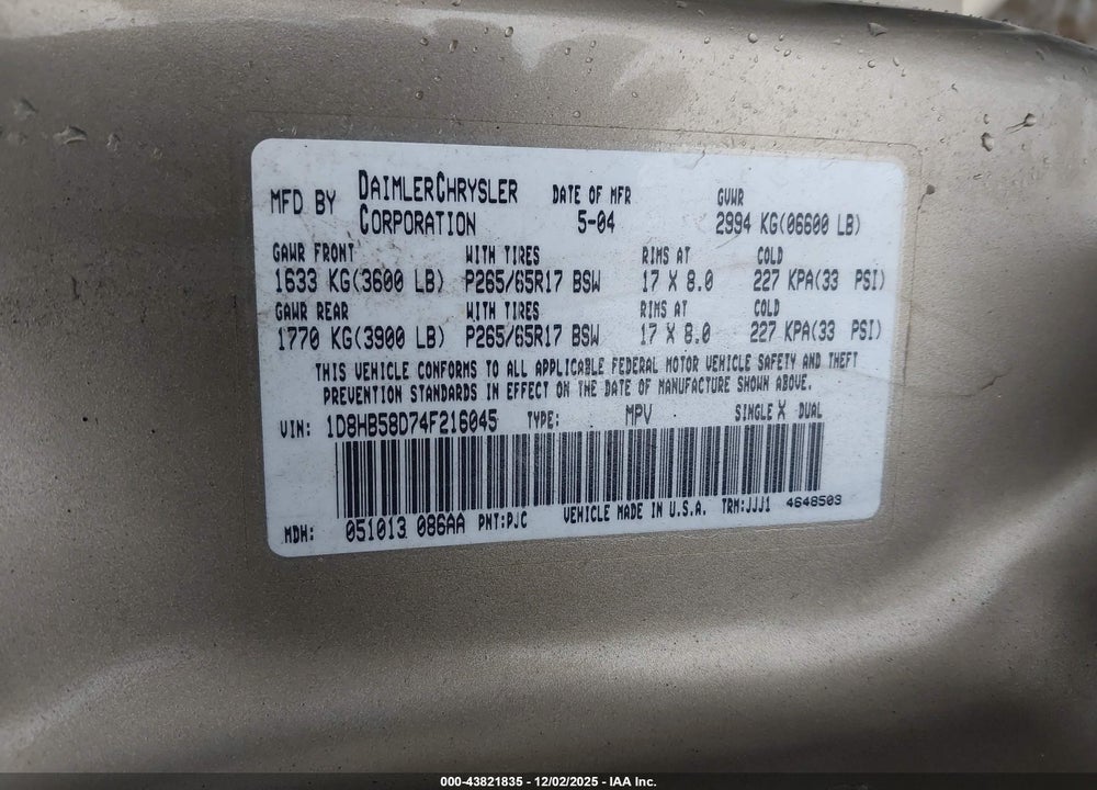 2004 DODGE DURANGO LIMITED VIN: 1D8HB58D74F216045